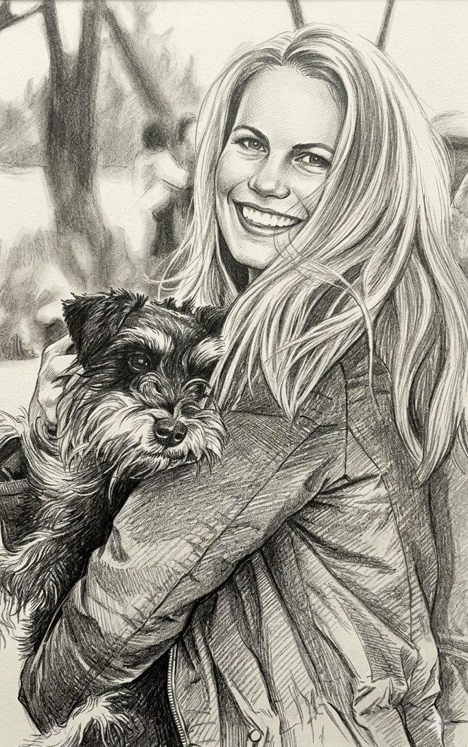 Pencil sketch of Dr Elsje Nel with her miniature schnauzer Lizzy